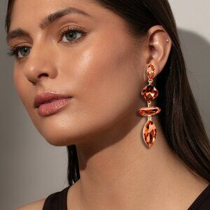 Pretty In Peach Crystal Bling Glam Tiered Drop Statement Earrings NEW